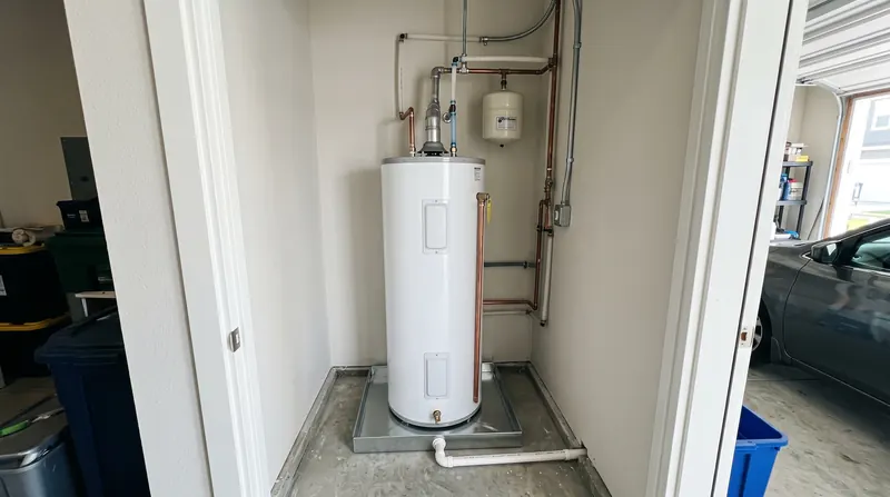 Newly installed water heater in a townhouse utility closet with a drain pan and white PVC drain line